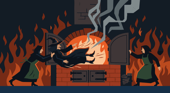 A stylized, action-oriented flat vector showing the Witch being pushed into the large brick oven. Wisps of grey smoke are depicted as abstract geometric shapes against a dark brick background.