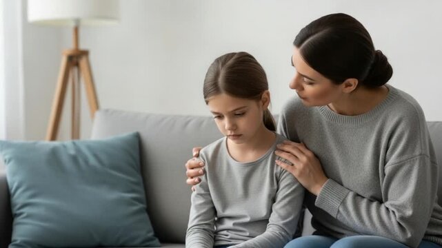 Woman comforting a young girl sitting on a couch in a living room setting with a lamp and pillows