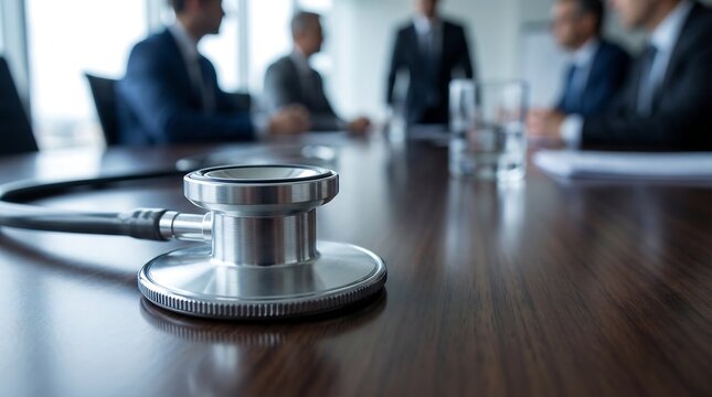 A sleek metallic stethoscope is positioned on a dark wooden conference table, contrasting with a blurred background of business people in a boardroom meeting.