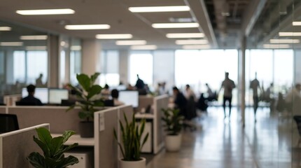 Obraz premium A bustling modern open-plan office environment with employees working diligently at their desks, green plants adding vibrancy to the corporate space.
