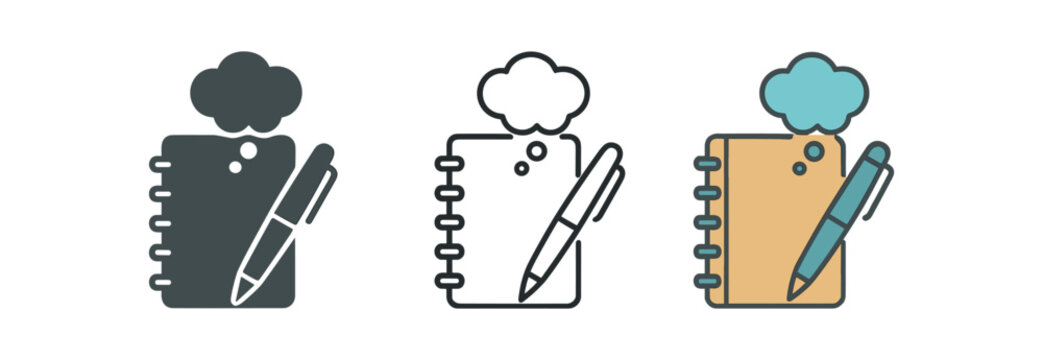 Journaling notebook icon set. journal, diary, pen, thought bubble, writing, therapy, mental health, coping, self care. line, flat and colored vector icon set.