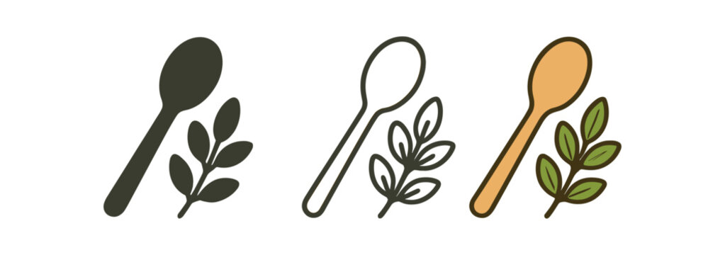 Spoon with herb icon set. cooking spoon, herb sprig, mindful cooking, natural ingredients, healthy food, kitchen. line, flat and colored vector icon set.
