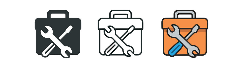 Obraz premium Repair toolbox icon set. toolbox, wrench, screwdriver, maintenance, tools, service, fix. line, flat and colored vector icon set.