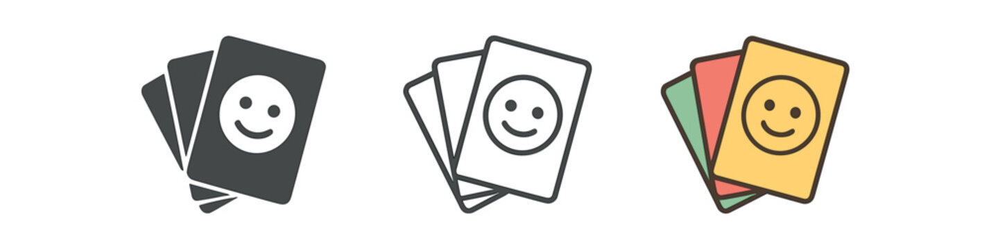 Smiley cards icon set. cards, emotion cards, mood, therapy tools, feedback, positive, happiness, assessment, play. line, flat and colored vector icon set.
