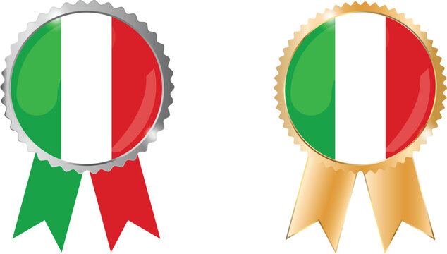 Two award rosette badges with Italy flag colors green white red tricolor, silver and gold ribbons, vector illustration concept for national events, celebrations and patriotic graphics