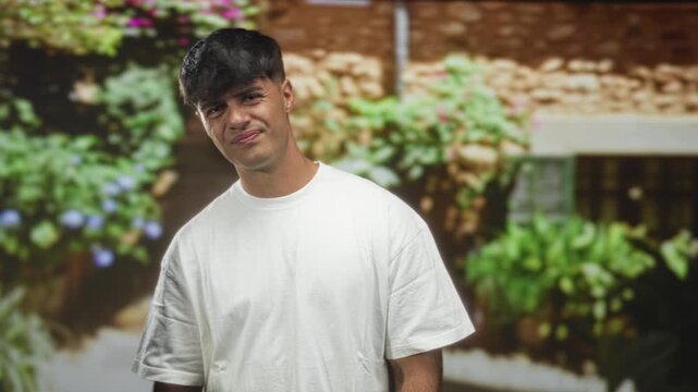 Man squints holding smartphone, tilting head and grimacing while checking screen in front of building facade; confusion tech problem.