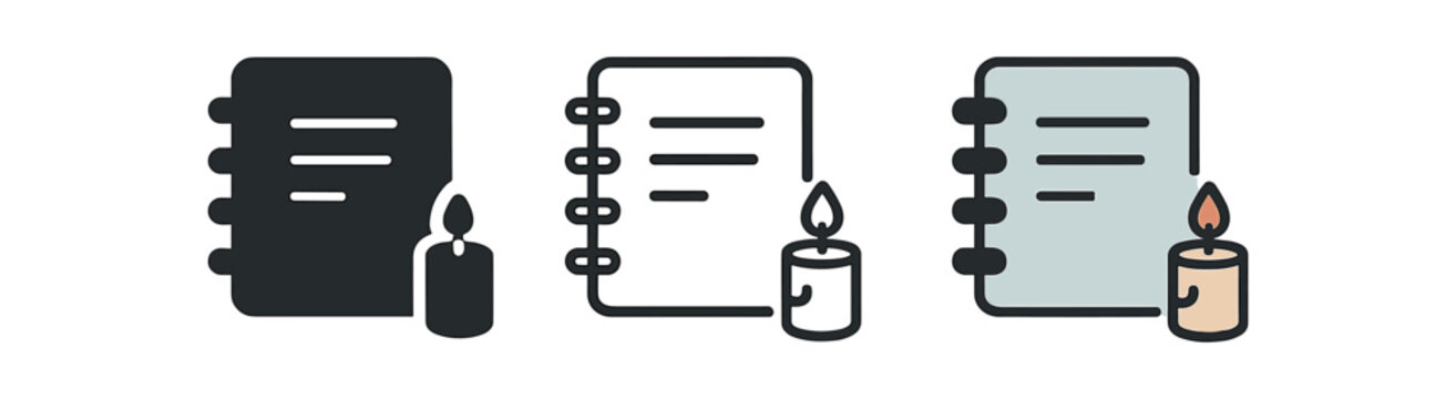 Notebook and candle icon set. journal, diary, ritual, meditation, writing, self care, spirituality, reflection, calm. line, flat and colored vector icon set.