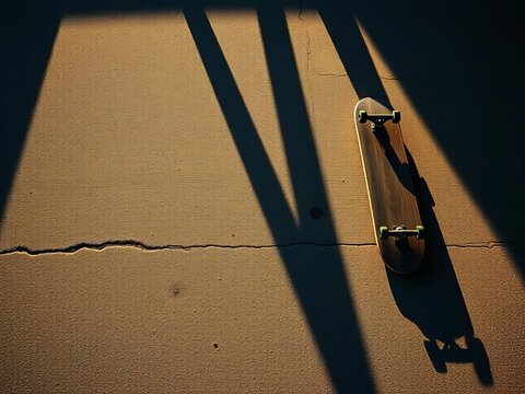 Sharp, graphic lines of skateboards casting long shadows on weathered asphalt, a rebellious spirit captured,  high angle,  freedom