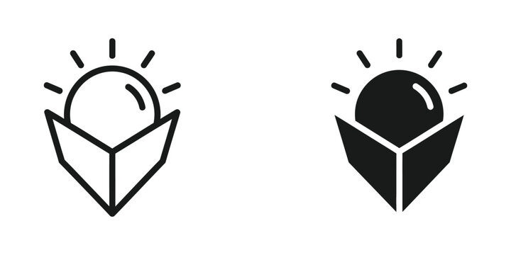 Illustrations of an open book with a sunburst symbolizing enlightenment or knowledge