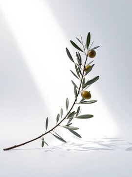 Stylized olive branch, stark white backdrop, dramatic tilt casting dynamic shadows, representing a bold overture,  subtle,  angled