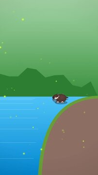 Cute Chibi Anoa Startled By Water Reflection Loop