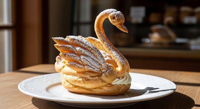 Elegant Swan-Shaped Cream Puff Pastry Dusted with Powdered Sugar on a White Plate