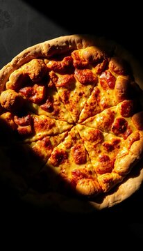 The architectonics of a pizza crust, dramatically lit from above, emphasizing its golden-brown ridges and shadowy valleys,  texture,  culinary