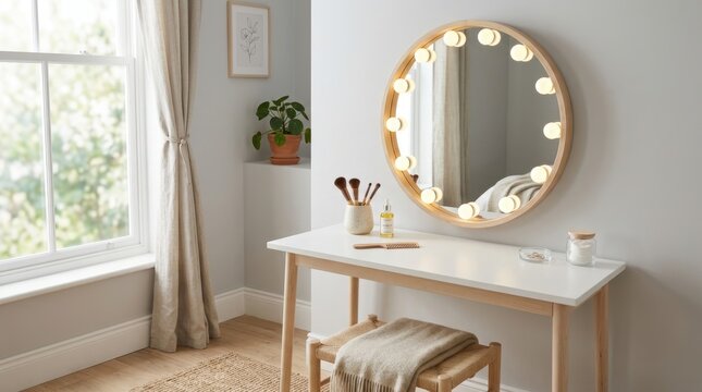 Scandinavian vanity mirror with light and birch wood frame on a white dressing table with makeup accessories