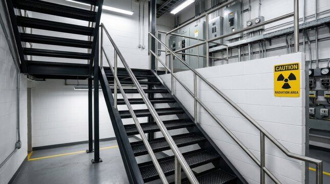 A straight industrial metal staircase with railings inside a modern facility, showcasing functional architecture and access.