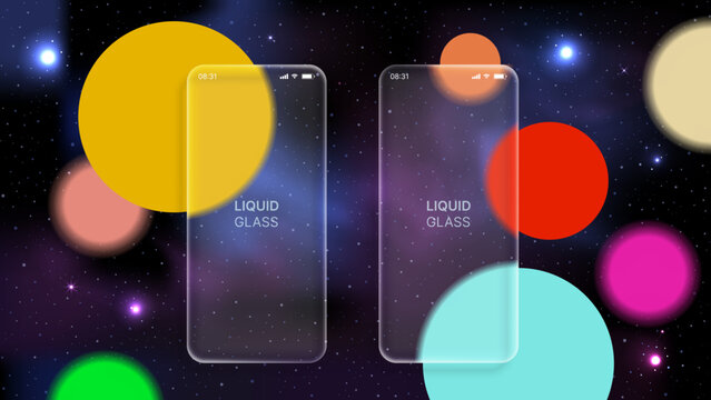 Glassmorphism Smartphone Mockup with Liquid Glass Effect, Transparent Frosted Screen UI Template on Neon Gradient Background