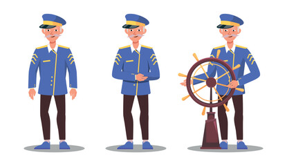 Vector illustration of a ship captain. Cartoon scene of a gray-haired, mustached sea captain dressed in a uniform, standing in different poses, holding the ship's wheel isolated on a white background. © MVshop