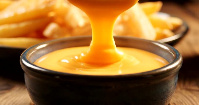 Cheese sauce being poured into bowl.
