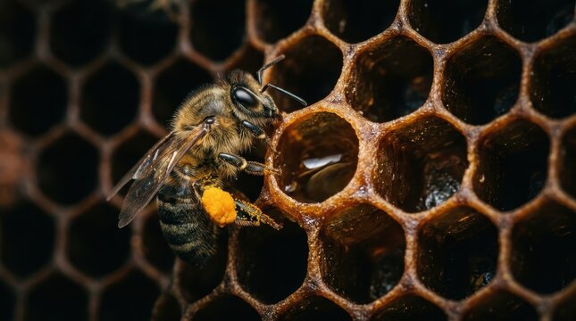 Worker bee with bright orange pollen baskets collecting nectar inside a hexagonal honeycomb structure, a vital pollinator at work.