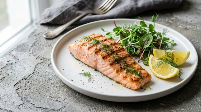 Perfectly Grilled Salmon Fillet with Fresh Greens and Lemon Slice on White Plate