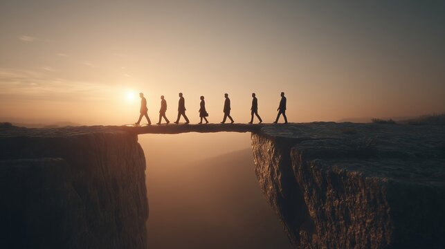 Silhouetted person walking across a narrow bridge spanning a chasm at sunset, symbolizing change management, transition, risk mitigation and leadership guiding organizational shift.