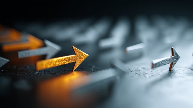 Golden arrow leading change among silver arrow on dark textured surface, symbolizing leadership, strategic shift and transformation in organization.