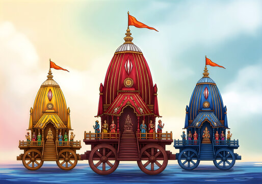 Illustration of the three traditional chariots of the rath yatra festival