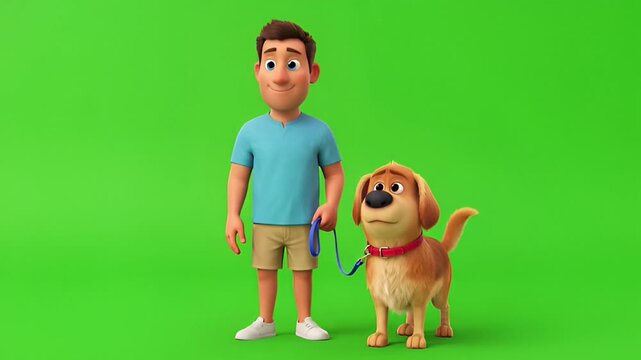 A friendly cartoon man and his loyal canine companion stand side-by-side on a vibrant green background