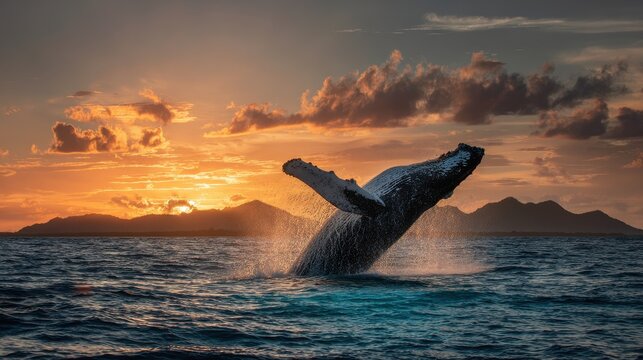 Humpback whale leaps from turquoise tropical waters near Madagascar at dusk