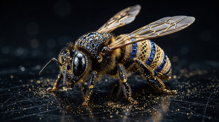 Exquisite macro photograph of a honeybee adorned with luxury jewelry, featuring gold latticework, blue sapphires, and black diamonds on its body, resting on a dark reflective surface with gold dust.