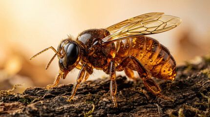 Fototapeta premium Macro photography of a translucent amber honey bee with a glowing golden body and intricate wings resting on textured dark tree bark under warm cinematic lighting, side view close-up.