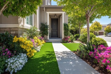 Low-maintenance garden scene with green synthetic turf, seasonal flowers and lush greenery