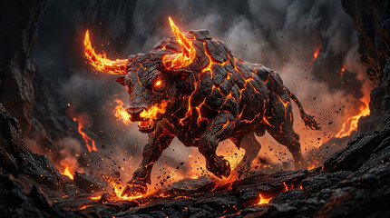 Cinematic wide shot of a powerful charging bull made of cracked volcanic rock and glowing molten lava with fiery horns and eyes in a dark smoke-filled cavern with embers and dramatic lighting.
