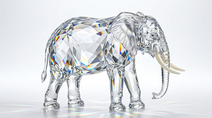 Elegant crystal elephant figurine with intricate faceted glass body reflecting rainbow prism light on a white studio background, luxury glass art with ivory-colored tusks and trunk.