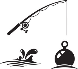 Fishing rod with reel, water splash and fishing float icon set © sefatahmed