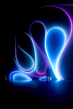 3D Luminous Portal Cube with floating form in radiant beam