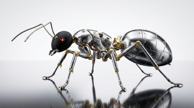 Futuristic mechanical ant with polished silver chrome body, gold gears, and a glowing red eye on a black head, standing on a reflective white surface in a bright studio, macro side profile.