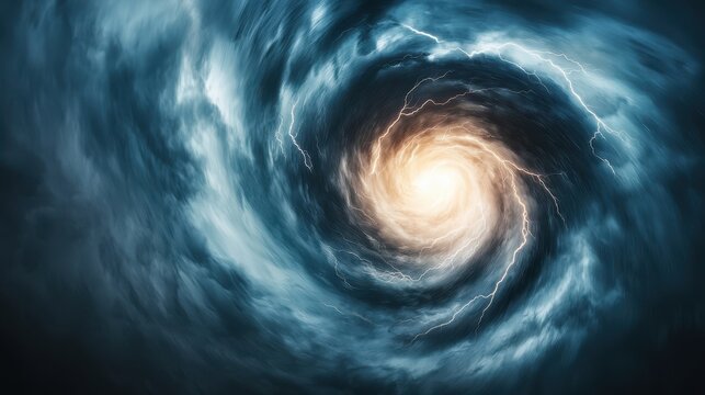 A swirling cosmic vortex with bright lightning and a glowing center, resembling a powerful spiral galaxy or wormhole in deep space.