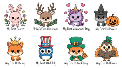 Obraz premium Colorful cartoon characters in festive holiday attire with cheerful expressions Vector