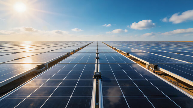 Expansive solar panel field stretching towards the horizon under a radiant sun and clear blue sky, brilliantly capturing sustainable energy for a greener future