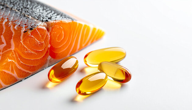 salm&oacute;n fresco junto a c&aacute;psulas de omega 3 en fondo claro, concepto de valor alimenticio, alimentaci&oacute;n y dieta saludable, suplementaci&oacute;n, comida sana, 