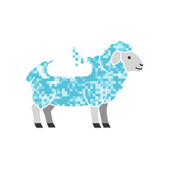 Fototapeta premium A digital art illustration of a sheep with a pixelated blue and white fleece, featuring a small pixel cloud above its back, on a white background.