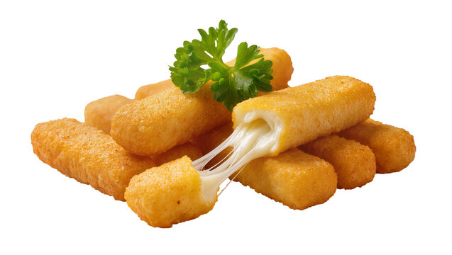 Golden crispy mozzarella sticks with melted cheese garnished with parsley, isolated on transparent background