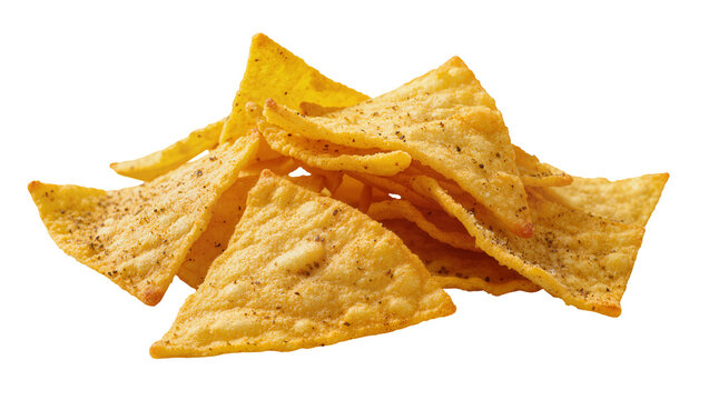 Crispy seasoned tortilla chips piled together, isolated on transparent background
