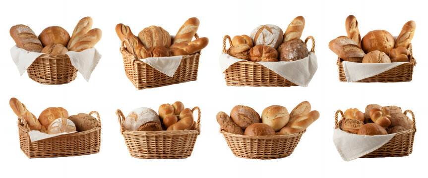 Eight baskets of assorted bread on white wicker bakery food