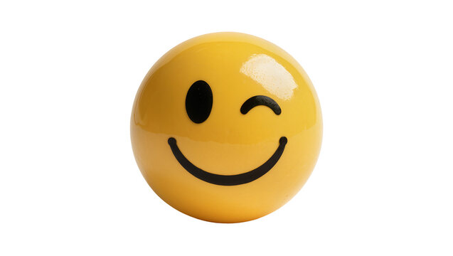 Yellow smiley face emoji with winking eye and smile, isolated on transparent background