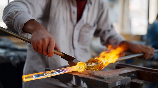 Glassblower transfers molten gather to metal marver for initial shaping, protective sleeves and safety equipment visible in traditional hot glass studio, perfect for craft glassmaking artisan
