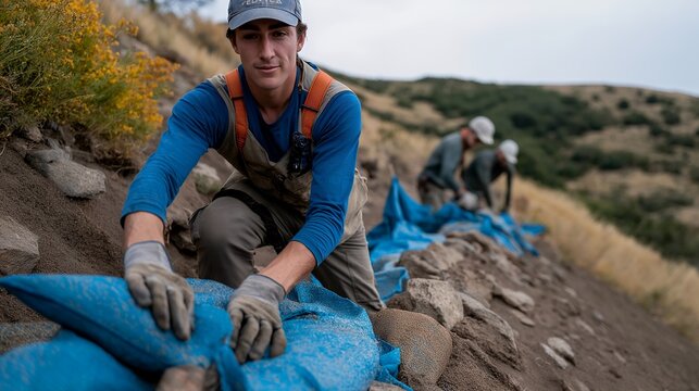 Volunteers laying erosion control fabric along hillside trail during park stabilization project with native grass seed bags visible, ideal for landscape restoration conservation, and modern