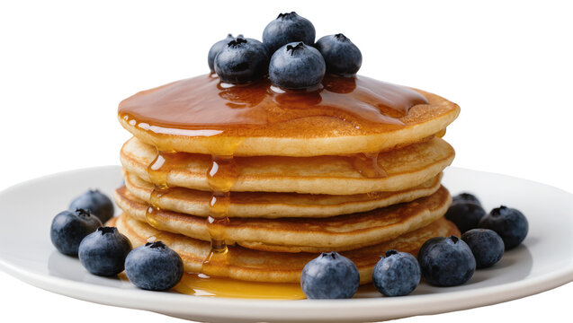 Stack of golden pancakes with fresh blueberries and dripping syrup, isolated on transparent background