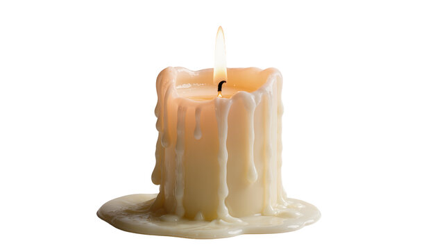 Melting white candle with dripping wax, isolated on transparent background